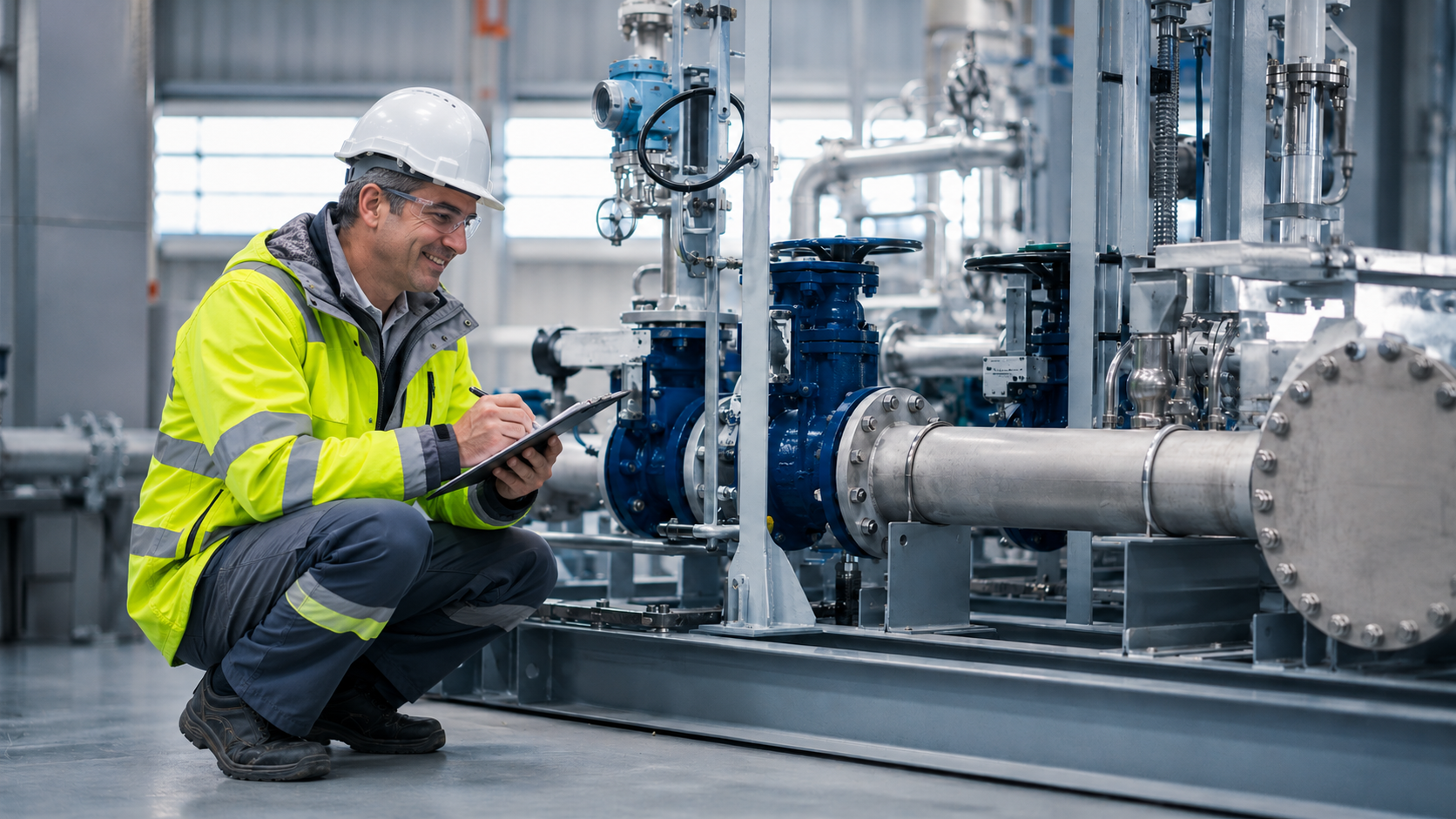 Technical inspector checking industrial machinery with clipboard