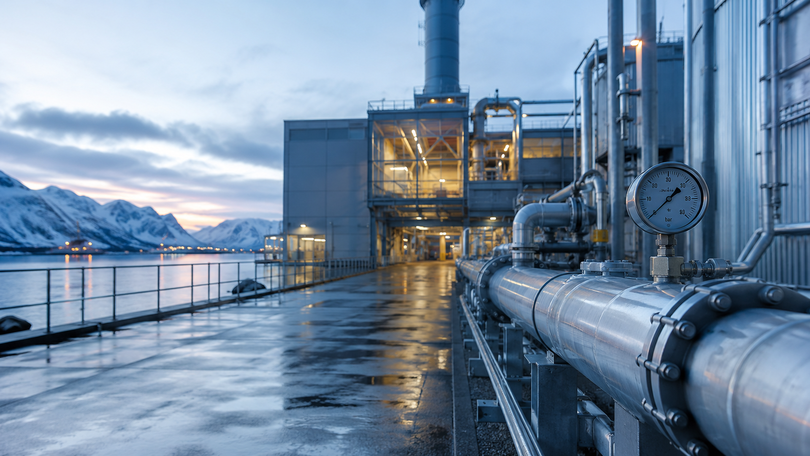 Nordic industrial facility with piping and waterfront setting